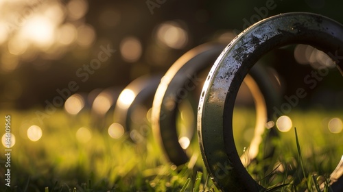 The clanging of horseshoes can be heard from a game being played nearby.
