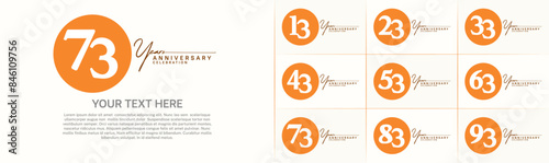 anniversary logotype set vector, orange color circle for special day celebration