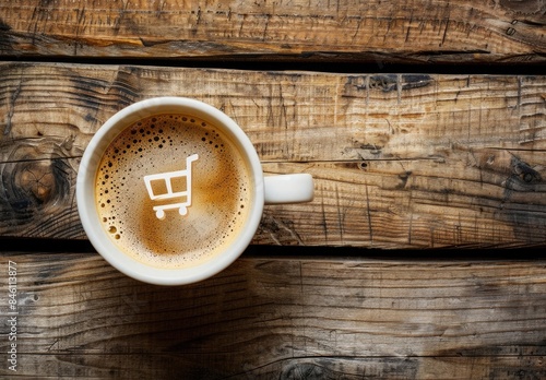Top view of a coffee cup with a shopping cart symbol drawn in cappuccino foam on a wooden table, in a flat lay. Ecommerce concept. High quality.