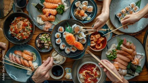 Top view of a family eating Japanese food, with hands holding sushi and sashimi with chopsticks on a table full of dishes. 