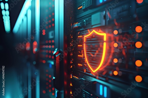 Close-up of server racks in a data center with glowing red shield icon symbolizing cybersecurity and protection of digital information.