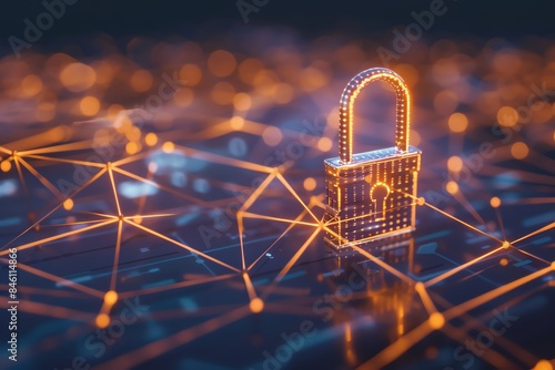 Futuristic cybersecurity concept with glowing padlock and interconnected network lines representing data protection and information security.
