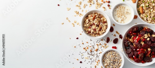 Revitalize your mornings with a nourishing muesli bowl made from organic ingredients - granola, nuts, dried fruits, oatmeal, and whole grain flakes laid out on a crisp white backdrop.