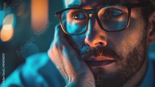 Pensive man with glasses in blue light