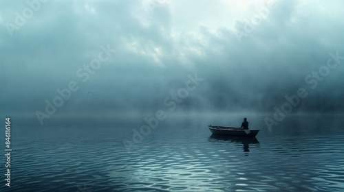 Lone man rowing boat on misty lake