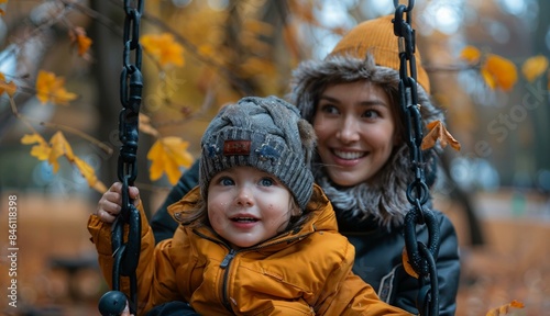 A joyful moment captured in the park, where a child wearing a yellow jacket and grey knitted hat with pom-poms is sitting on a swing. The autumn leaves around them enhance the warm scene.