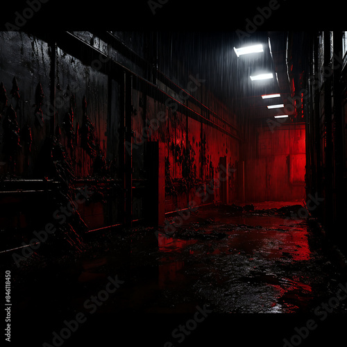 Bloody corridor in abandoned building. Horror Halloween concept. 3D Rendering