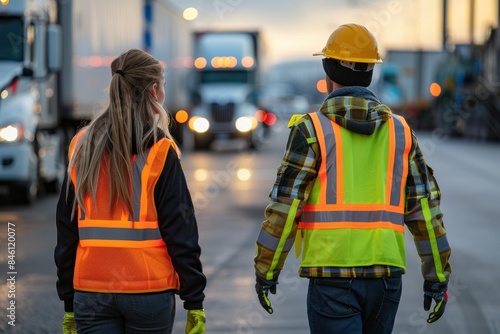 A man and a woman wearing orange vests stand next to a truck