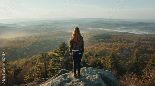 A woman standing on a rocky cliff facing away from the camera gazing out at a vast expanse of forest and rolling hills spread out . .