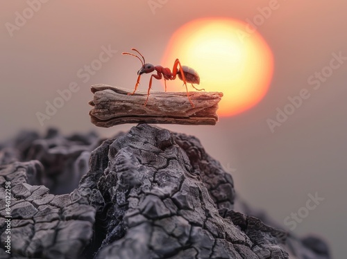Ant exploring the wilderness at sunset in scenic nature landscape with a log travel and adventure concept
