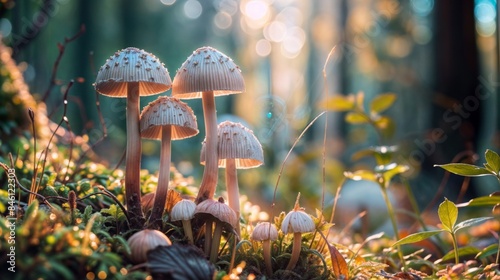 Sunlit mushrooms growing on forest floor