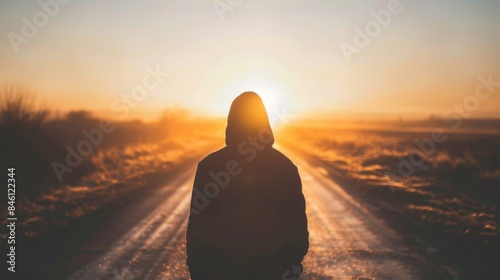 A lone figure stands on a desolate road facing away from the camera and towards the setting sun. The barren landscape behind them . .