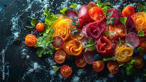 A vibrant and artistic arrangement of colorful vegetables including radishes, tomatoes, and leafy greens beautifully garnished with salt on a dark background