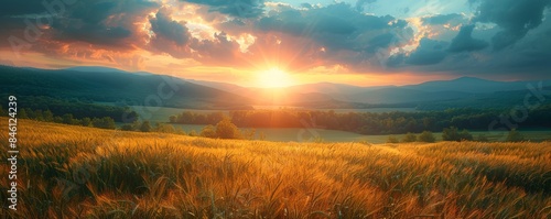 A breathtaking sunset over a serene rural landscape featuring rolling hills, lush green forests, and golden fields stretching into the horizon