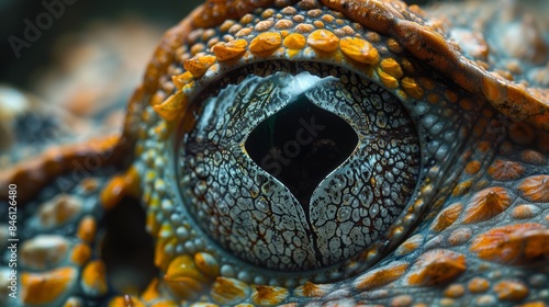 A remarkably detailed close-up of a reptile's eye showcasing intricate textures, unique patterns, and vivid colors that highlight the natural beauty and complexity of the animal
