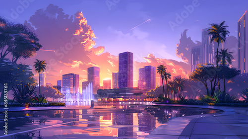 A stunning painting captures a city at sunset with a fountain in the foreground, set against a backdrop of colorful clouds and a towering skyscraper