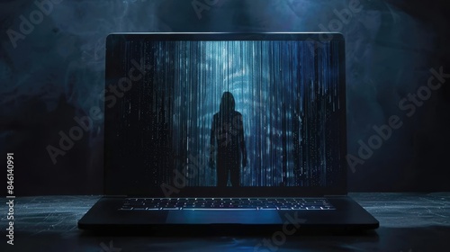 Dark laptop screen with critical security alert showing Privacy Breach and Hacked, silhouette of shadowy figure in dramatic lighting.