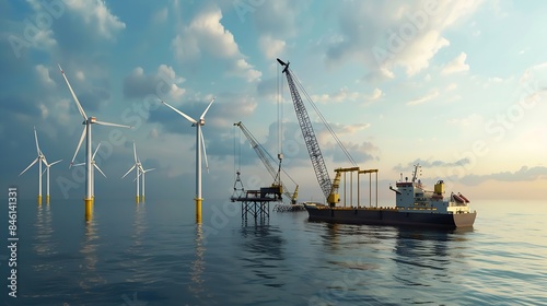 A transport ship and crane for the construction of an offshore windpark Ijsselmeer The Netherlands : Generative AI