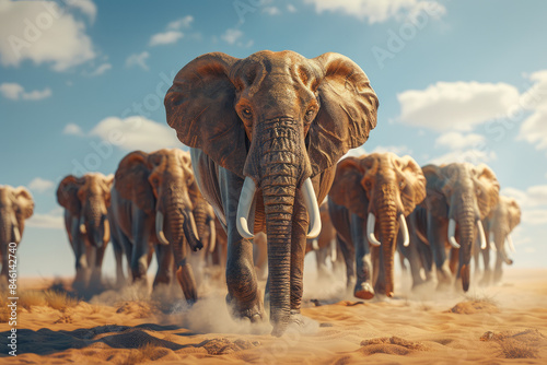 A herd of elephants walking across the desert