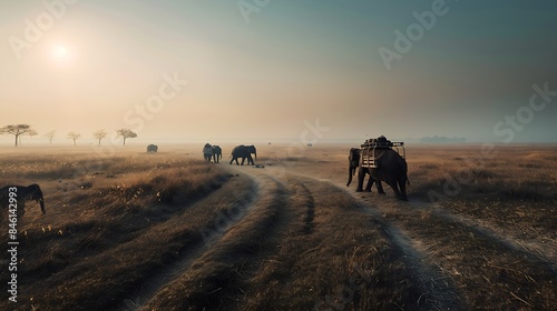 Elephants crossing the safari track in Kaziranga National Park A UNESCO World Heritage site situated in the Indian state of Assam : Generative AI