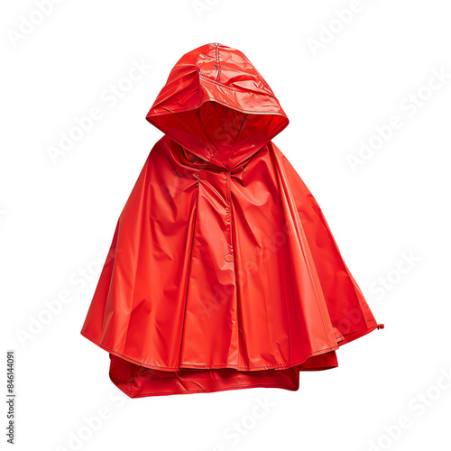 Bright red rain poncho with a hood, perfect for staying dry in wet weather. Waterproof and durable material. Ideal for outdoor activities.