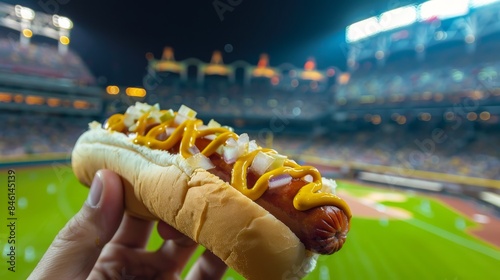 Hotdog with toppings in hand, background of baseball stadium lights. Tasty hotdog with mustard, relish, and onions at a baseball stadium.