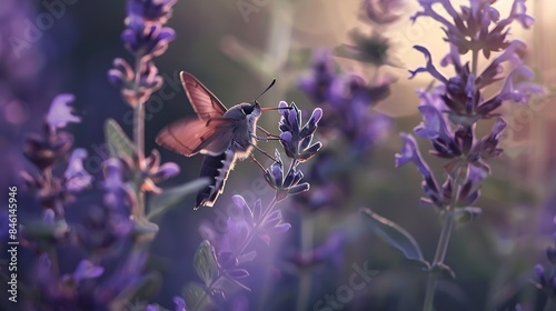 Hummingbird hawkmoth Macroglossum stellatarum sucks nectar with its proboscis from a blossom of the common sage Salvia officinalis : Generative AI