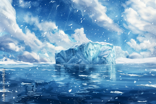 Serene winter polar regions scene with a large iceberg icy formation floating on the ocean under a partly cloudy and snowy sky