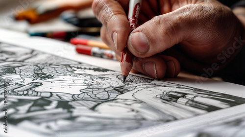 Comic book artist hand is seen drawing a picture on white 11 × 17" bristol board. The picture has a black outline. The hand is holding a red pen and other tools can be seen in the background.