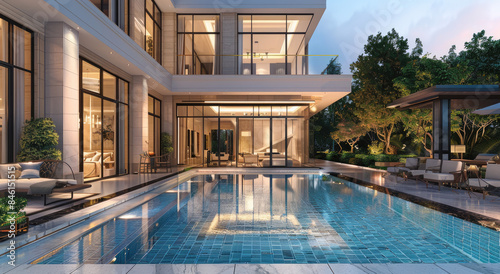 A modern luxury villa with large windows and glass doors, white walls