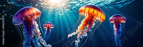 A vibrant underwater scene with several jellyfish floating near the ocean floor, illuminated by sunlight filtering through the water.