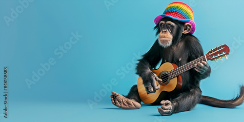  A monkey in a rainbow hat sits in front of a blue background and plays a guitar.