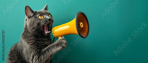 A gray cat with wide eyes holds a yellow megaphone.