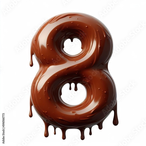 Number 8 made out of melting chocolate, white background