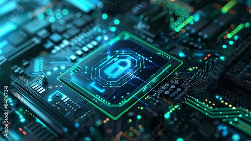 Secure connection or cybersecurity service concept of compute motherboard closeup and safety lock with login and connecting verified credentials as wide banner design - Generative AI - 17