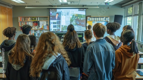 A group of diverse students huddle around a large screen in a classroom backs facing the camera. They appear to be engrossed . .