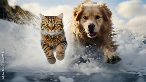 Dynamic cat and dog chase, freezing the exhilarating pursuit in motion.