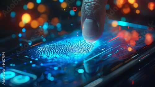 Realistic image of a mana??s hand scanning a fingerprint on a mobile device for secure digital banking