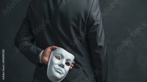 Businessman in suit holding white mask behind his back, symbolizing deception and hypocrisy in corporate environments. Concept of dishonesty and two-faced behavior in business