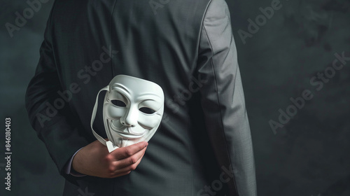 Businessman in suit holding white mask behind his back, symbolizing deception and hypocrisy in corporate environments. Concept of dishonesty and two-faced behavior in business