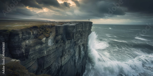 an enormous cliff that juts out into stormy ocean, with waves crashing against it, a man stands on top of the rock