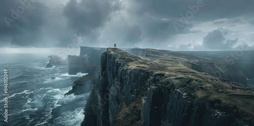 an enormous cliff that juts out into stormy ocean, with waves crashing against it, a man stands on top of the rock
