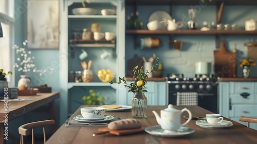 Realistic kitchen table arrangement with dishes and accessories, portrayed in high-definition detail