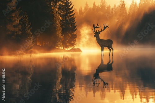 A deer stands alone by the lake in the forest amidst the mist. Its shadow is reflected in the water. The sun is setting