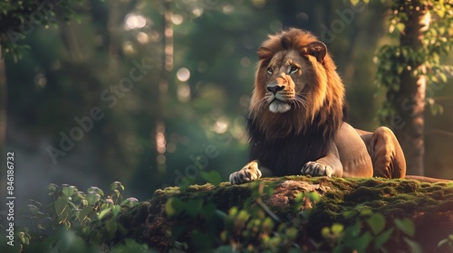 Majestic Lion Sitting on Rock Surrounded by Green Trees