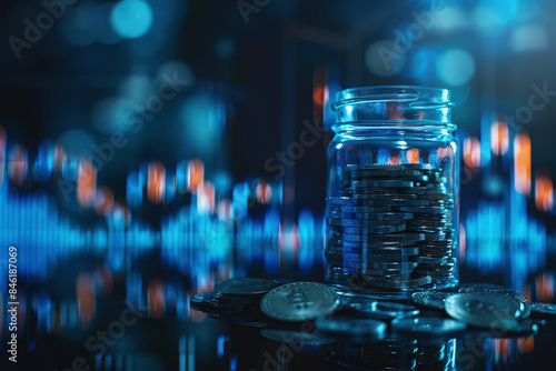 Coins in a glass jar for environmentally conscious saving. on stock trading chart background. Business. Finance. Investment.