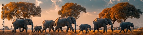 A family of elephants walking together in the savannah. 