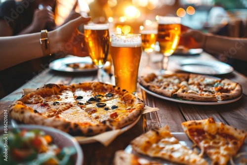 Close-up picture of people drinking beer and eating pizza on balcony at brewery pub table - Happy friends having dinner party at pizzeria restaurant -, Generative AI 