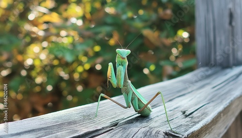  photo of an anthropomorphic praying mantis on the wooden railing, looking at me with curious eyes. The background is blurred and green for depth, with trees in the distance. Taken in the style of Can
