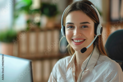 female call center operator smile and willing to be ready service concept